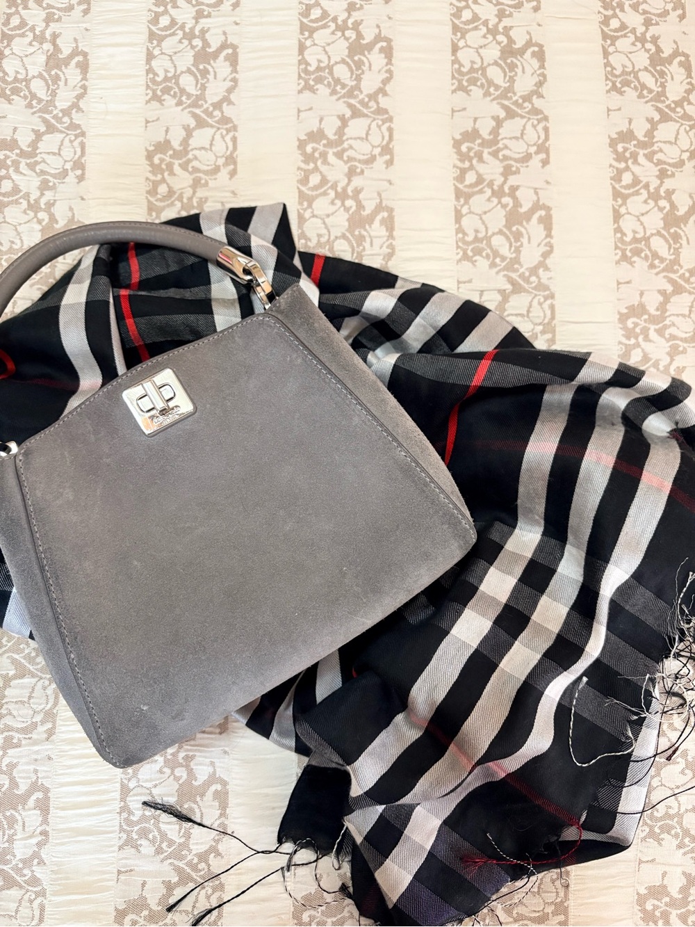 Mini Gray Suede Top-Handle Bag and crossbody strap with scarf. EUC